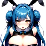 1girl Alternate Breast Size Animal Ear Fluff Animal Ears Animal Print Blue Hair Blush Breasts Cleavage Cutout Cow Print Double, 3174317744