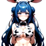 1girl Alternate Breast Size Animal Ear Fluff Animal Ears Animal Print Blue Hair Blush Breasts Cleavage Cutout Cow Print Double, 445807047
