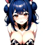1girl Alternate Breast Size Animal Ear Fluff Animal Ears Animal Print Blue Hair Blush Breasts Cleavage Cutout Cow Print Double, 578870715