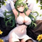 1girl Alternate Costume Antlers Armpits Arms Behind Head Bed Sheet Black Bra Black Thighhighs Bra Branch Breasts Ceres Fauna Cle, 1049867752