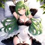1girl Alternate Costume Antlers Armpits Arms Behind Head Bed Sheet Black Bra Black Thighhighs Bra Branch Breasts Ceres Fauna Cle, 1143730670