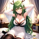 1girl Alternate Costume Antlers Armpits Arms Behind Head Bed Sheet Black Bra Black Thighhighs Bra Branch Breasts Ceres Fauna Cle, 1216472725