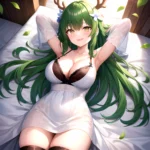 1girl Alternate Costume Antlers Armpits Arms Behind Head Bed Sheet Black Bra Black Thighhighs Bra Branch Breasts Ceres Fauna Cle, 1339368765