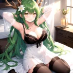 1girl Alternate Costume Antlers Armpits Arms Behind Head Bed Sheet Black Bra Black Thighhighs Bra Branch Breasts Ceres Fauna Cle, 1407972171