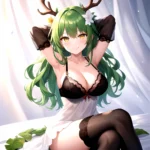 1girl Alternate Costume Antlers Armpits Arms Behind Head Bed Sheet Black Bra Black Thighhighs Bra Branch Breasts Ceres Fauna Cle, 1523775990