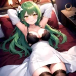 1girl Alternate Costume Antlers Armpits Arms Behind Head Bed Sheet Black Bra Black Thighhighs Bra Branch Breasts Ceres Fauna Cle, 1594621786