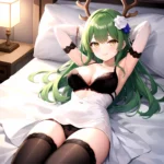 1girl Alternate Costume Antlers Armpits Arms Behind Head Bed Sheet Black Bra Black Thighhighs Bra Branch Breasts Ceres Fauna Cle, 166764687