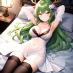 1girl Alternate Costume Antlers Armpits Arms Behind Head Bed Sheet Black Bra Black Thighhighs Bra Branch Breasts Ceres Fauna Cle, 1864449529