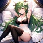 1girl Alternate Costume Antlers Armpits Arms Behind Head Bed Sheet Black Bra Black Thighhighs Bra Branch Breasts Ceres Fauna Cle, 2117806608
