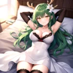 1girl Alternate Costume Antlers Armpits Arms Behind Head Bed Sheet Black Bra Black Thighhighs Bra Branch Breasts Ceres Fauna Cle, 2282348983