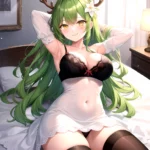 1girl Alternate Costume Antlers Armpits Arms Behind Head Bed Sheet Black Bra Black Thighhighs Bra Branch Breasts Ceres Fauna Cle, 2318464231