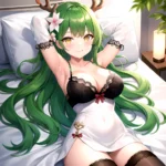 1girl Alternate Costume Antlers Armpits Arms Behind Head Bed Sheet Black Bra Black Thighhighs Bra Branch Breasts Ceres Fauna Cle, 2339912649