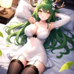 1girl Alternate Costume Antlers Armpits Arms Behind Head Bed Sheet Black Bra Black Thighhighs Bra Branch Breasts Ceres Fauna Cle, 240797581