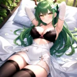 1girl Alternate Costume Antlers Armpits Arms Behind Head Bed Sheet Black Bra Black Thighhighs Bra Branch Breasts Ceres Fauna Cle, 241227616
