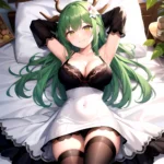 1girl Alternate Costume Antlers Armpits Arms Behind Head Bed Sheet Black Bra Black Thighhighs Bra Branch Breasts Ceres Fauna Cle, 2430996265