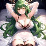 1girl Alternate Costume Antlers Armpits Arms Behind Head Bed Sheet Black Bra Black Thighhighs Bra Branch Breasts Ceres Fauna Cle, 2580156782