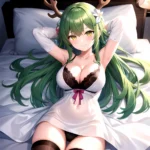 1girl Alternate Costume Antlers Armpits Arms Behind Head Bed Sheet Black Bra Black Thighhighs Bra Branch Breasts Ceres Fauna Cle, 26568884