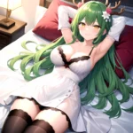 1girl Alternate Costume Antlers Armpits Arms Behind Head Bed Sheet Black Bra Black Thighhighs Bra Branch Breasts Ceres Fauna Cle, 2687733271