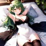 1girl Alternate Costume Antlers Armpits Arms Behind Head Bed Sheet Black Bra Black Thighhighs Bra Branch Breasts Ceres Fauna Cle, 2717189297