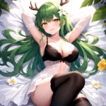 1girl Alternate Costume Antlers Armpits Arms Behind Head Bed Sheet Black Bra Black Thighhighs Bra Branch Breasts Ceres Fauna Cle, 2777060188