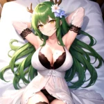 1girl Alternate Costume Antlers Armpits Arms Behind Head Bed Sheet Black Bra Black Thighhighs Bra Branch Breasts Ceres Fauna Cle, 2779421805