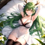 1girl Alternate Costume Antlers Armpits Arms Behind Head Bed Sheet Black Bra Black Thighhighs Bra Branch Breasts Ceres Fauna Cle, 2811792822
