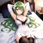 1girl Alternate Costume Antlers Armpits Arms Behind Head Bed Sheet Black Bra Black Thighhighs Bra Branch Breasts Ceres Fauna Cle, 288975192