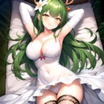 1girl Alternate Costume Antlers Armpits Arms Behind Head Bed Sheet Black Bra Black Thighhighs Bra Branch Breasts Ceres Fauna Cle, 2950444134