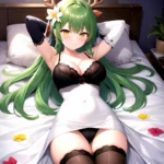 1girl Alternate Costume Antlers Armpits Arms Behind Head Bed Sheet Black Bra Black Thighhighs Bra Branch Breasts Ceres Fauna Cle, 2985501821