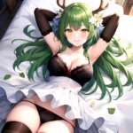 1girl Alternate Costume Antlers Armpits Arms Behind Head Bed Sheet Black Bra Black Thighhighs Bra Branch Breasts Ceres Fauna Cle, 3047729698