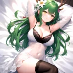 1girl Alternate Costume Antlers Armpits Arms Behind Head Bed Sheet Black Bra Black Thighhighs Bra Branch Breasts Ceres Fauna Cle, 3816588601