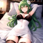 1girl Alternate Costume Antlers Armpits Arms Behind Head Bed Sheet Black Bra Black Thighhighs Bra Branch Breasts Ceres Fauna Cle, 3824615990