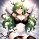 1girl Alternate Costume Antlers Armpits Arms Behind Head Bed Sheet Black Bra Black Thighhighs Bra Branch Breasts Ceres Fauna Cle, 4015511830