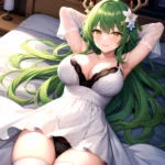 1girl Alternate Costume Antlers Armpits Arms Behind Head Bed Sheet Black Bra Black Thighhighs Bra Branch Breasts Ceres Fauna Cle, 4242822532