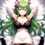 1girl Alternate Costume Antlers Armpits Arms Behind Head Bed Sheet Black Bra Black Thighhighs Bra Branch Breasts Ceres Fauna Cle, 562860155