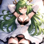 1girl Alternate Costume Antlers Armpits Arms Behind Head Bed Sheet Black Bra Black Thighhighs Bra Branch Breasts Ceres Fauna Cle, 56526187
