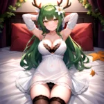 1girl Alternate Costume Antlers Armpits Arms Behind Head Bed Sheet Black Bra Black Thighhighs Bra Branch Breasts Ceres Fauna Cle, 688632933