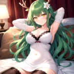 1girl Alternate Costume Antlers Armpits Arms Behind Head Bed Sheet Black Bra Black Thighhighs Bra Branch Breasts Ceres Fauna Cle, 78741303
