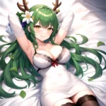 1girl Alternate Costume Antlers Armpits Arms Behind Head Bed Sheet Black Bra Black Thighhighs Bra Branch Breasts Ceres Fauna Cle, 934647955
