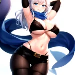1girl Armpits Arms Behind Head Belt Black Bra Black Gloves Black Pantyhose Blue Eyes Blurry Blurry Background Bra Breasts Curvy, 3877072983