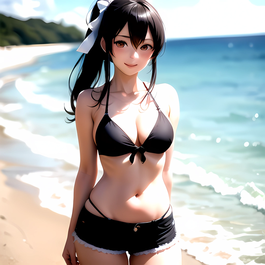 1girl Arms Behind Back Beach Bikini Bikini Under Shorts Black Bikini Black Hair Blurry Blurry