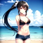 1girl Arms Behind Back Beach Bikini Bikini Under Shorts Black Bikini Black Hair Blurry Blurry Background Breasts Cleavage Closed, 2936887437