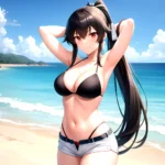 1girl Arms Behind Head Armpits Beach Bikini Bikini Under Shorts Black Bikini Black Hair Blurry Blurry Background Breasts Cleavag, 26334941