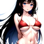 1girl O Absurdres Bikini Red Bikini Black Hair Blue Eyes Breasts Cleavage Collarbone Commentary Request Highres Large Breasts Lo, 1043081310