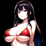 1girl O Absurdres Bikini Red Bikini Black Hair Blue Eyes Breasts Cleavage Collarbone Commentary Request Highres Large Breasts Lo, 1432241259