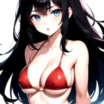 1girl O Absurdres Bikini Red Bikini Black Hair Blue Eyes Breasts Cleavage Collarbone Commentary Request Highres Large Breasts Lo, 1535466666