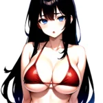 1girl O Absurdres Bikini Red Bikini Black Hair Blue Eyes Breasts Cleavage Collarbone Commentary Request Highres Large Breasts Lo, 2105108404