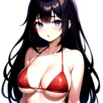 1girl O Absurdres Bikini Red Bikini Black Hair Blue Eyes Breasts Cleavage Collarbone Commentary Request Highres Large Breasts Lo, 2232010523