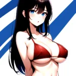 1girl O Absurdres Bikini Red Bikini Black Hair Blue Eyes Breasts Cleavage Collarbone Commentary Request Highres Large Breasts Lo, 2351234803