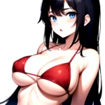 1girl O Absurdres Bikini Red Bikini Black Hair Blue Eyes Breasts Cleavage Collarbone Commentary Request Highres Large Breasts Lo, 2461055418